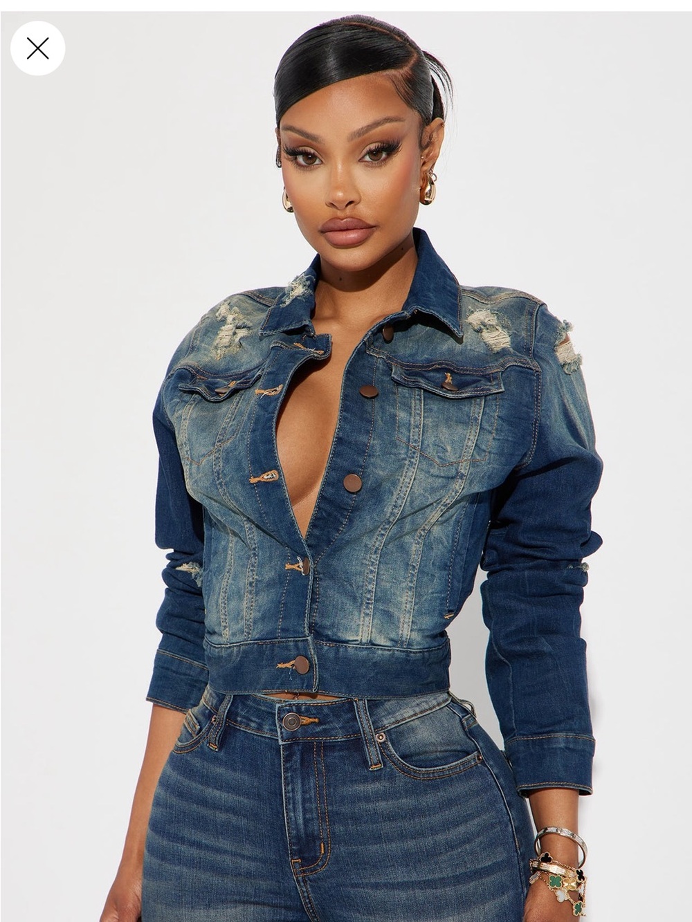 Fashion Nova Two-Tone Distressed Dark Blue Denim Jacket